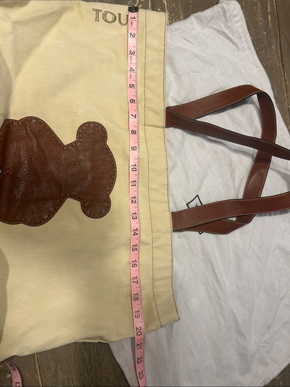 TOUS Cream Canvas Tote with Brown Leather Bear Appliqué - Picture 11 of 14